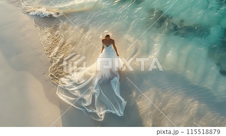 Aerial view of a bride in a flowing white wedding dress standing on a beautiful sandy beach with clear turquoise water. Dreamy seaside wedding. 115518879