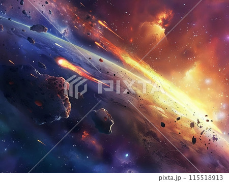 Breathtaking digital illustration of a cosmic scene featuring a dramatic asteroid collision in deep space with vibrant colors and radiant light. 115518913