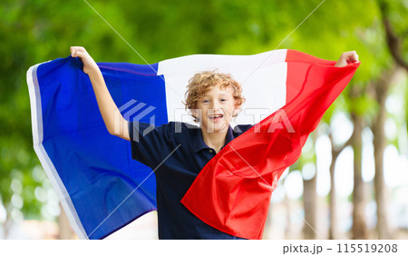 Child with French flag. Kid cheering for France. Child with French flag. Kid cheering for France. 115519208