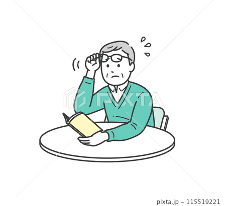 老眼鏡の度が合わず本が見づらく困っている高齢男性イラスト 老眼鏡の度が合わず本が見づらく困っている高齢男性イラスト 115519221