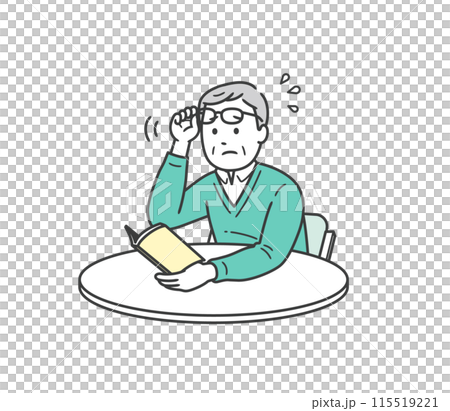 老眼鏡の度が合わず本が見づらく困っている高齢男性イラスト 老眼鏡の度が合わず本が見づらく困っている高齢男性イラスト 115519221