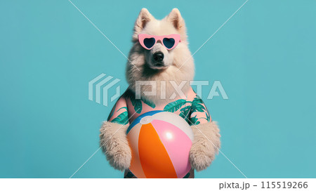 Funny dog wearing summer fashion on pastel background. Summer Vacation Concept. Funny dog wearing summer fashion on pastel background. Summer Vacation Concept. 115519266