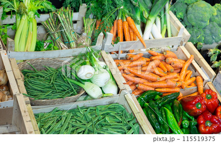 Colorful organic vegetable display in natural foods store 115519375