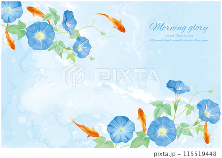 水彩手書きの青い朝顔と金魚の背景 115519448