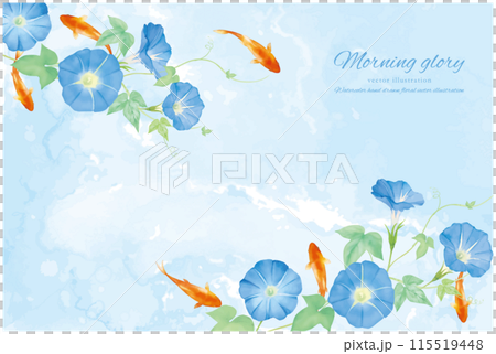 水彩手書きの青い朝顔と金魚の背景 115519448