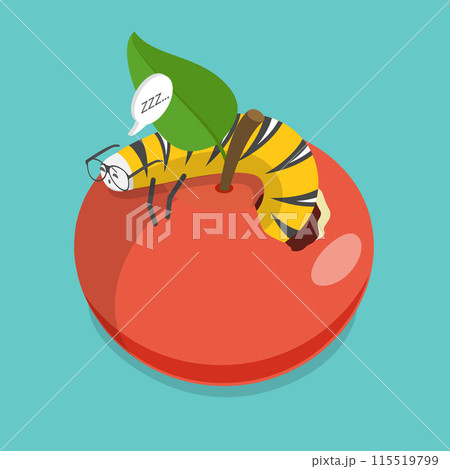 3D Isometric Flat Vector Illustration of Cute Cartoon Caterpillar, Bitten Apple 115519799