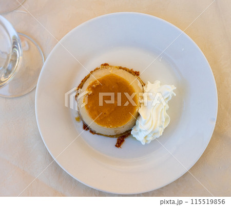 Delicate flan dessert is custard creamy delicacy made from milk, eggs and sugar. Delicate flan dessert is custard creamy delicacy made from milk, eggs and sugar. 115519856