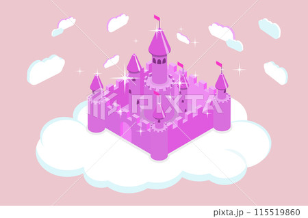 3D Isometric Flat Vector Illustration of Fairy Tale Castle, Wonderful Magic Kingdom in the Sky 115519860