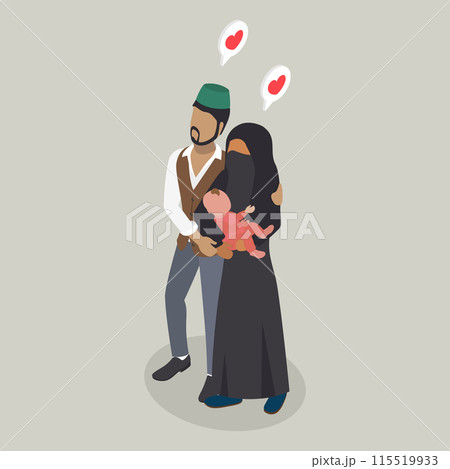 3D Isometric Flat Vector Illustration of Muslim Family, People in Traditional Clothing 115519933