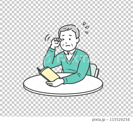 Illustration of an elderly man with blurred vision rubbing his eyes 115520258
