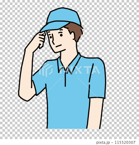 Line drawing illustration of a young male worker greeting with his hat Line drawing illustration of a young male worker greeting with his hat 115520307