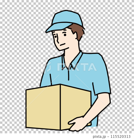 Line drawing illustration of a smiling courier delivering a package 115520313