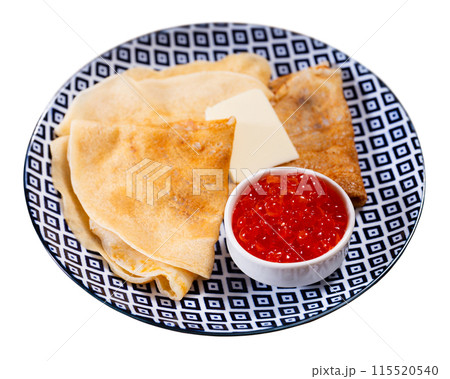 On plate - ruddy soft pancakes with butter and fresh-grain caviar On plate - ruddy soft pancakes with butter and fresh-grain caviar 115520540