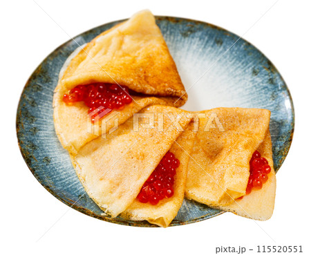 On plate - ruddy soft pancakes with spoonful fresh-grain caviar On plate - ruddy soft pancakes with spoonful fresh-grain caviar 115520551