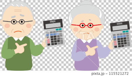 一名老人和一名婦女指著計算器的插圖 一名老人和一名婦女指著計算器的插圖 115521272