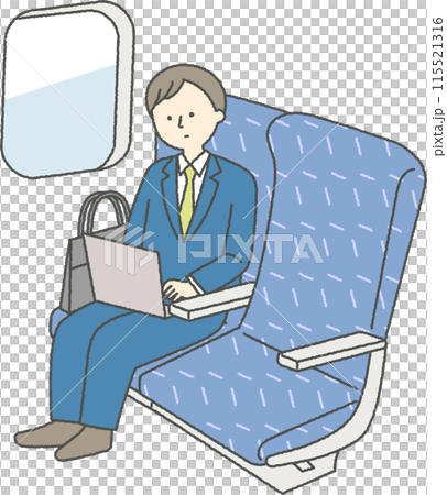 一名穿著西裝的男子在乘坐新幹線時工作 一名穿著西裝的男子在乘坐新幹線時工作 115521316