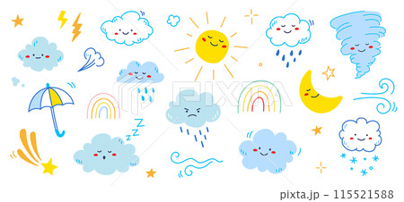 Cloud rain weather cartoon cute set. Cloud, sun, moon weather character with smile and angry face. Hand drawn doodle sketch style. Rainbow, wind, tornado doodle character. Vector 115521588