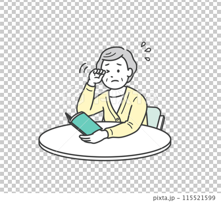 かすみ目で目をこすっている高齢女性の上半身イラスト 115521599