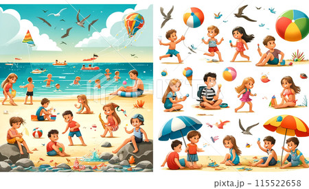 子供たちの夏の遊び アート 夏の海で遊ぶ子供たちのセットのイラスト素材 [115522658] - PIXTA