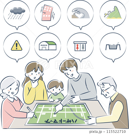 災害に備えてハザードマップを確認する家族 災害に備えてハザードマップを確認する家族 115522710