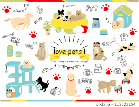 手がきの犬、猫とペット用品アイコンのセット 115523154
