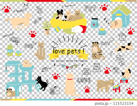 手がきの犬、猫とペット用品アイコンのセット 115523154
