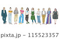 並んでいるさまざまな世代の多国籍な女性の全身イラスト 115523357