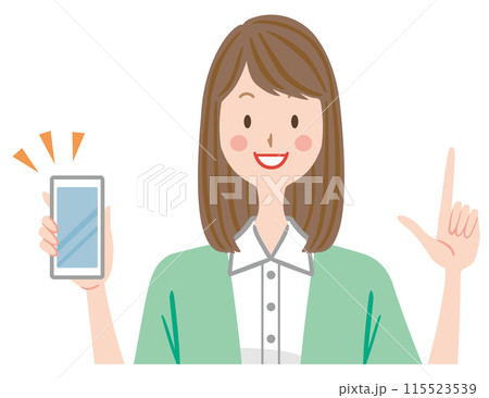 スマートフォンを持つ女性　支払い 　お得　説明　指差し 115523539