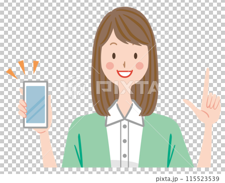 スマートフォンを持つ女性　支払い 　お得　説明　指差し 115523539
