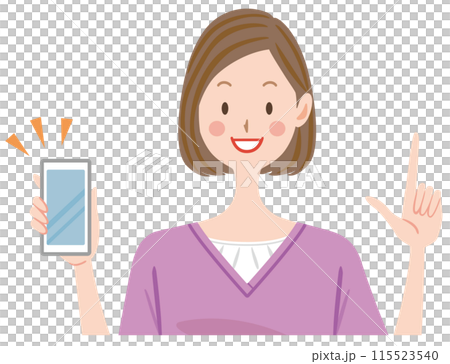 Woman with smartphone, payment, discount, explanation, pointing 115523540