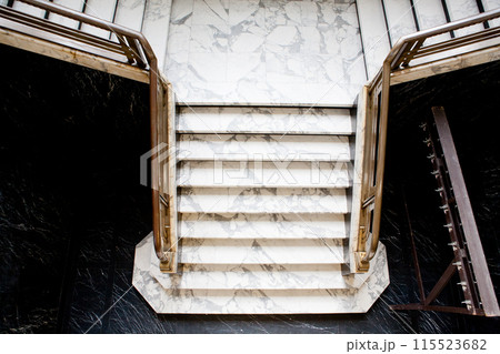 Admire an Elegant Marble Staircase with Brass Railing in a Contemporary Interior Setting 115523682
