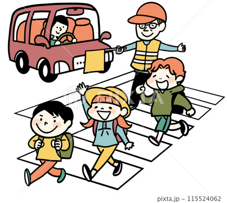 朝のスクールガードと登校する小学生 115524062