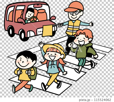 朝のスクールガードと登校する小学生 115524062