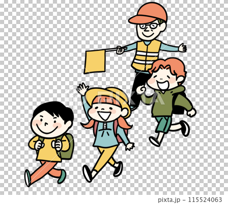 School guards and elementary school students walking to school in the morning School guards and elementary school students walking to school in the morning 115524063