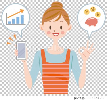 Woman holding smartphone, investment, points, benefits, explanation, pointing 115524335
