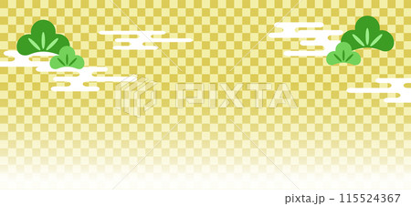 ゴールド色の市松模様に白いエ霞文様と松が入った和風背景イラスト 115524367