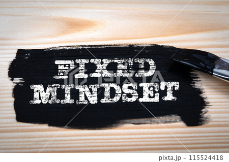 Fixed Mindset. Black paint and paint brush on wood texture background 115524418