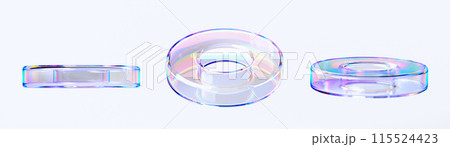 Glass liquid transparent circle rings with chromatic dispersion effect 3d render icon set. Abstract fluid torus shapes with gradient texture, crystal rainbow objects isolated elements. 3D illustration 115524423