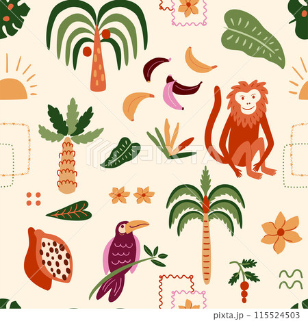 Cute monkey tropical palms seamless pattern. Frames, bananas, toucan bird, papaya. Vector summer jungle background, wallpaper 115524503