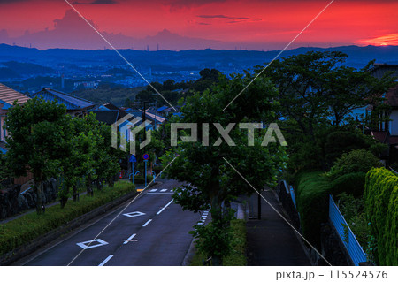 奈良市街　平城山の夕景　山際を朱色に染めながら生駒山系へ沈んで行く夕日⑦ 115524576