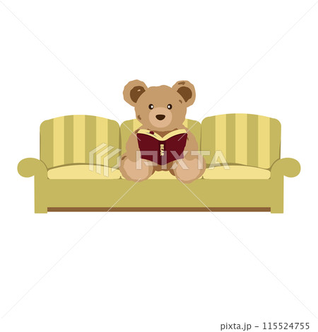 ソファーに座って本を読んでいるクマのぬいぐるみのイラスト 115524755