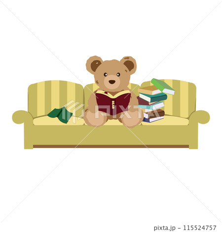 ソファーに座って読書するクマのぬいぐるみのイラスト ソファーに座って読書するクマのぬいぐるみのイラスト 115524757