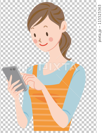 觸摸智慧型手機的女人 年輕女子透過觸控螢幕操作智慧型手機 115525363