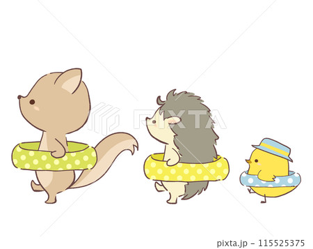 浮き輪を持って歩く動物たちのイラスト 115525375