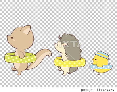 浮き輪を持って歩く動物たちのイラスト 115525375
