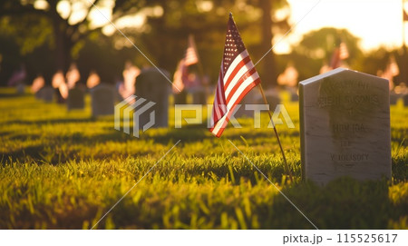 US flag planted next to grave in sunny cemetery grassland 115525617