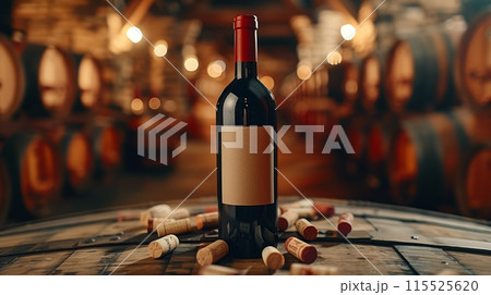Glass bottle of red wine with mock up label rests on wooden table in wine cellar 115525620