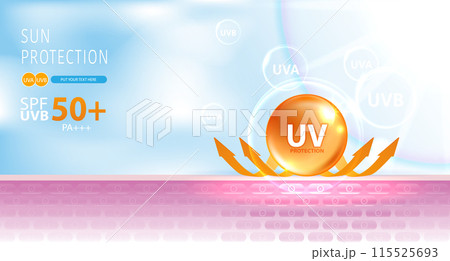 Protected shield from the sun's rays. degrees of protection against UV rays. UV protection your skin ultraviolet sunblock lotion. UV reflection skin after. cosmetic products design. vector design. 115525693