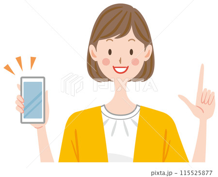 スマートフォンを持つ女性　支払い 　お得　説明　指差し 115525877