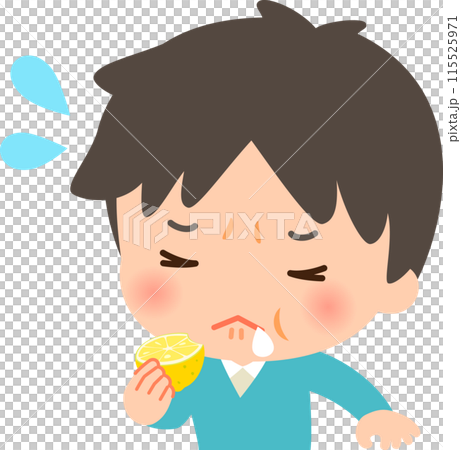 A man biting into a lemon and grimacing A man biting into a lemon and grimacing 115525971